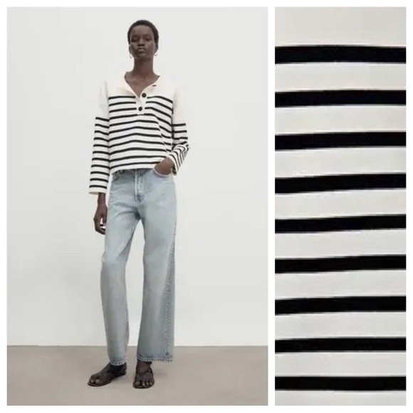NWT. Massimo Dutti Cream/Back Cotton Henley Neck Striped Knit Sweater. Size M. - Picture 1 of 12